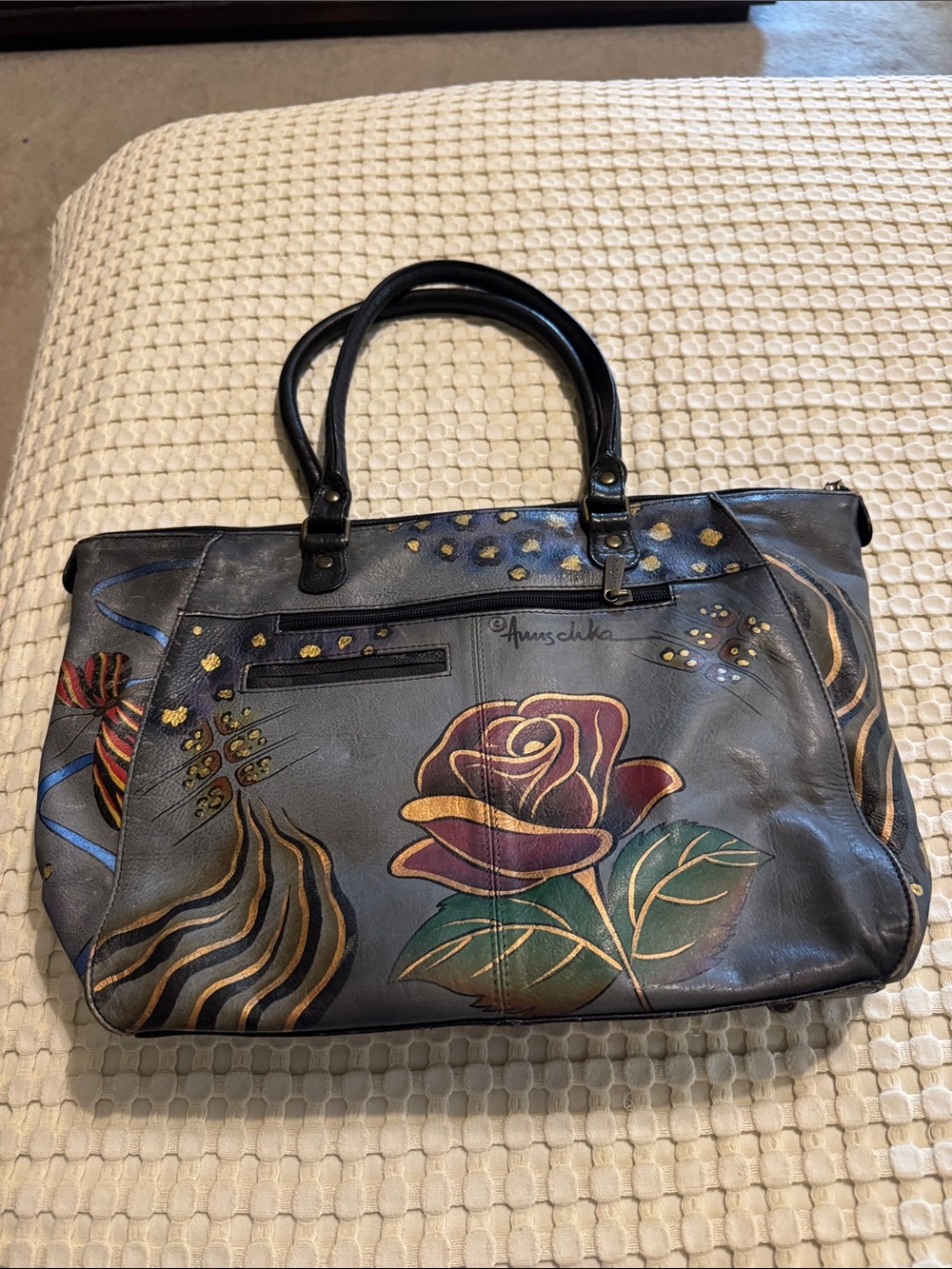 Anuschka Painted Rose Shoulder Bag in Gray and Gold